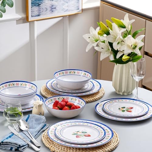 12-Piece Melamine Dinnerware Set – Strawberry Plates & Bowls for 4 - Image 6