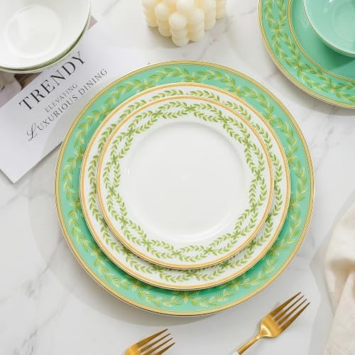 12 Piece Sage Green Plates and Bowls Set for 4, Bone China, Farmhouse - Image 2