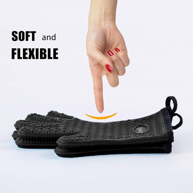 Kitchen Oven Gloves - Dual-Layer Heat Resistant Grilling Gloves, Silicone Oven Mitts with 5 Fingers, Waterproof Non-Slip Pot Holder for Barbecue, Cooking, Baking (XL-XXXL, Black)