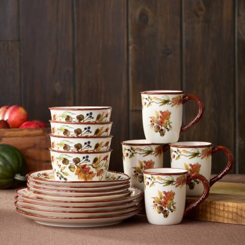 Autumn Meadows 16-Piece DINNERWARE SET, SERVICE for 4 — Complete harvest table artistry for four, uniting hand-painted botanicals, warm russet rims, and the golden glow of the season. - Image 4