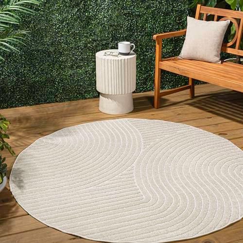 JONATHAN Y Hallie High-Low Curve Ivory/Cream 8' Round Indoor/Outdoor Area Rug, Minimalist, Pet Friendly, Non-Shedding, Stain Resistant, Hose-Washable for Backyard, Patio, Porch (SCN100B-8R) by JONATHANY