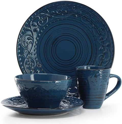 Elama Malibu Deep Ocean 16-Piece Stoneware Embossed Pattern Reactive Glaze Dark Blue Dinnerware Set, Tableware, Serveware Set (Deep Ocean Blue) - Image 2