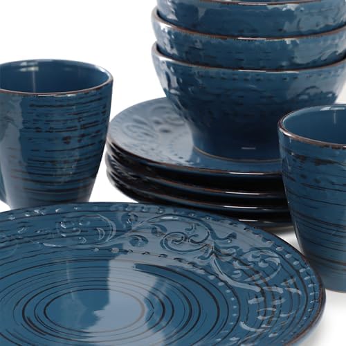 Elama Malibu Deep Ocean 16-Piece Stoneware Embossed Pattern Reactive Glaze Dark Blue Dinnerware Set, Tableware, Serveware Set (Deep Ocean Blue) - Image 6