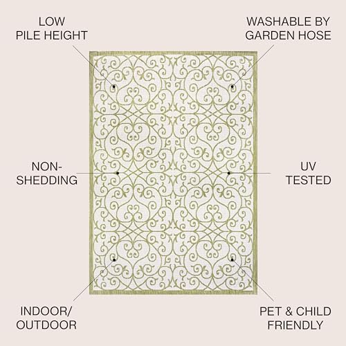 JONATHAN Y Vintage Filigree Indoor Outdoor Area Rug 3X5 Green/Cream, Madrid Textured Weave for Backyard, Patio, Porch, Easy-Cleaning, High Traffic, Pet-Friendly, Non-Shedding (SMB107H-3) - Image 2