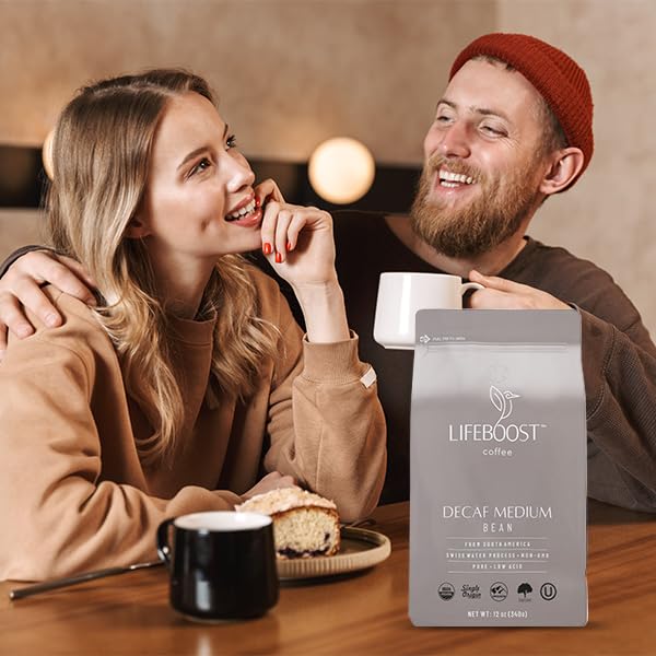 Lifeboost Medium Roast Decaf Coffee Beans – Organic Low Acid Swiss Water Decaf – Whole Bean Coffee – Third Party Tested for Mycotoxins & Pesticides – Chemical Free – 12 oz