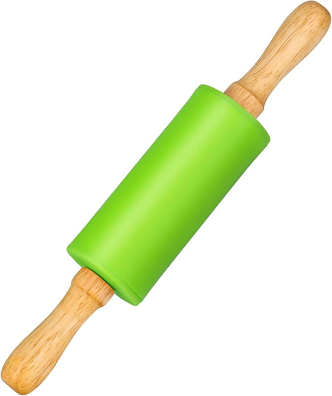 Mini Silicone Rolling Pin for Kids, Non-stick Surface Wood Handle, 9 Inch 1 Pack Rose Red