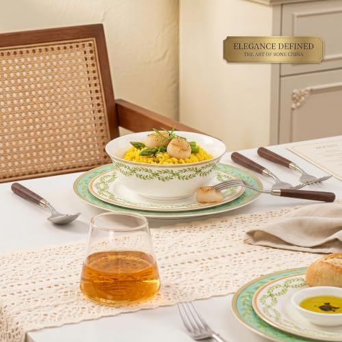 12 Piece Sage Green Plates and Bowls Set for 4, Bone China, Farmhouse - Image 3