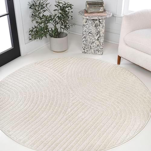 JONATHAN Y Hallie High-Low Curve Ivory/Cream 8' Round Indoor/Outdoor Area Rug, Minimalist, Pet Friendly, Non-Shedding, Stain Resistant, Hose-Washable for Backyard, Patio, Porch (SCN100B-8R) - Image 3