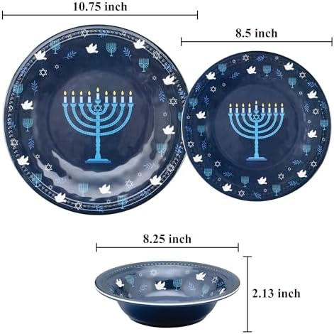UPware 12 Piece Hanukkah Menorah Melamine Dinnerware Sets, Outdoor Dishes Set, Plates and Bowls Sets, Hanukkah Decorations, Service for 4, Indigo Blue - Image 5
