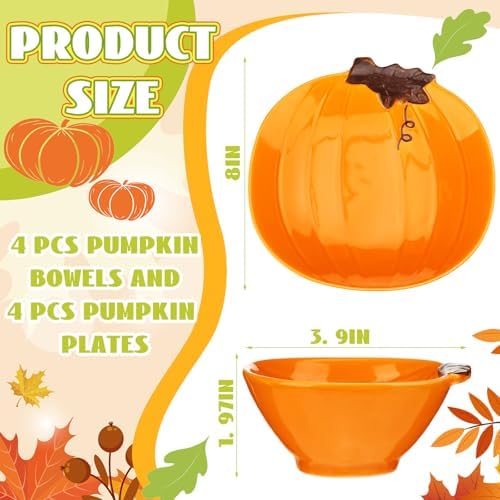 Maxcheck 8 Pcs Pumpkin Ceramic Bowl & Plate Fall Dinnerware Set, Orange - Image 2