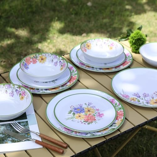 12-Piece Floral Melamine Dinnerware Sets, Green Camping Dishes Set - Image 6