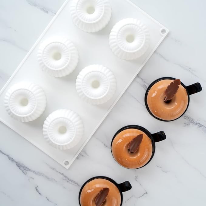 Pastry Tek 6 Cavities Donut Pans, 10 Ridge Design Donut Molds - Oven-Ready, Flexible, White Silicone Bagel Pans, Freezable, Easy Release - Restaurantware