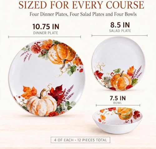 Melamine Dinnerware Set for 4, 12-Piece Pumpkin Plates and Bowls, BPA-Free - Image 2