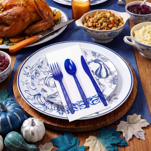 175 Pcs Rosh Hashanah Fall Plastic Dinnerware Set, Pumpkin, Blue - Image 4