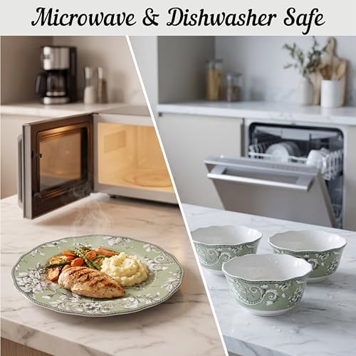 222 Fifth Adelaide Sage 12-Piece Green Porcelain Dinnerware Set – Service for 4, Big Dinner Plates and Bowls Sets, Green with White Floral Pattern, for Daily Entertainment, Microwave & Dishwasher Safe - Image 4