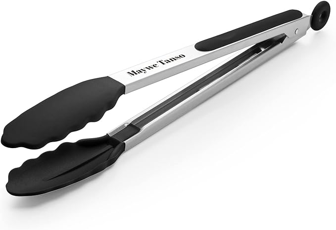 600℉ Heat Resistant Kitchen Tongs for Cooking with Silicone Tips,Maywe Tanso 12-Inch Stainless Steel Locking Cooking Tongs Food Tongs for BBQ,Cooking,Salad and Serving Food,Heavy Duty,Non-Stick,Black