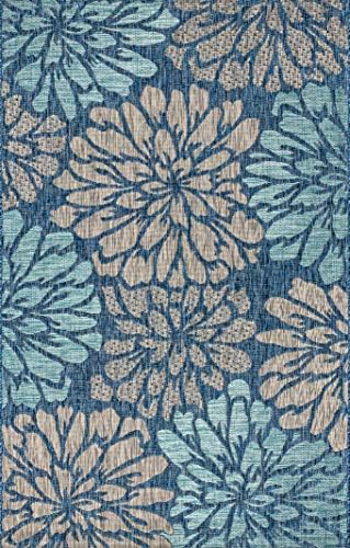 JONATHAN Y Floral Textured Weave Indoor Outdoor Area Rug 5X8 Navy/Aqua, Zinnia Modern for Backyard, Patio, Porch, Easy-Cleaning, High Traffic, Pet-Friendly, Non-Shedding (SMB110C-5) - Image 2