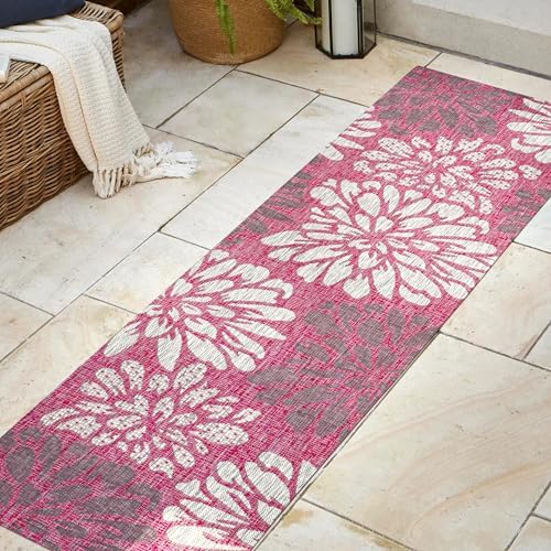 JONATHAN Y Floral Textured Weave Indoor Outdoor Runner Rug 2X8 Fuchsia/Light Gray, Zinnia Modern for Backyard, Patio, Porch, Easy-Cleaning, High Traffic, Pet-Friendly, Non-Shedding (SMB110F-28) - Image 3