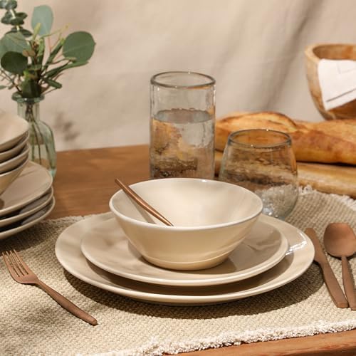 Bloomhouse - Two Time Oprah's Favorite Things Winner - Montecito Breeze 16 Piece (Service for 4) Double Plates and Bowls Stoneware Reactive Glaze Dinnerware Set - Marble Dawn Cream - Image 2