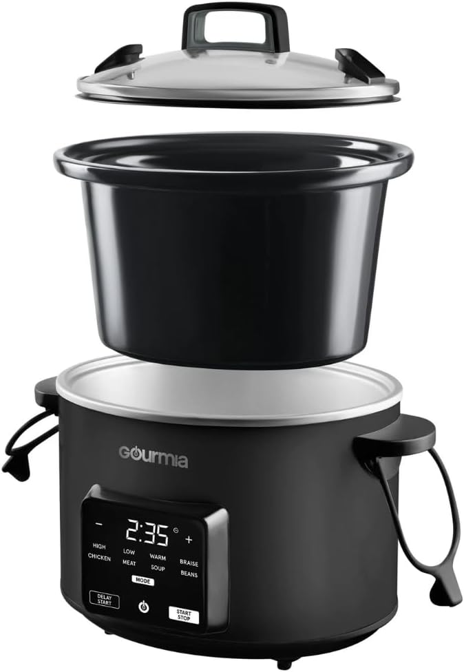 Gourmiia 4.5 Qt Programmable Slow Cooker with 5 Presets, Slow Cook, Digital Timer, Keep Warm Function, Nonstick Interior, Dishwasher Safe, Black