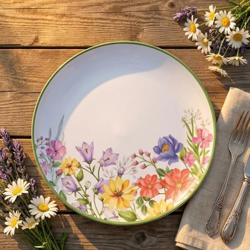 12-Piece Floral Melamine Dinnerware Sets, Green Camping Dishes Set - Image 3
