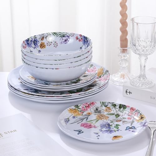 12-Piece Melamine Dinnerware Sets - Plates And Bowls Sets Floral - Image 5