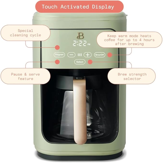 Beautiful by Drew Barrymore 14-Cup Programmable Drip Coffee Maker, Touch-Activated Display, Fast 14-Min Brew, Bold Strength, Keep Warm 4hrs, Gold Filter (Sage Green)
