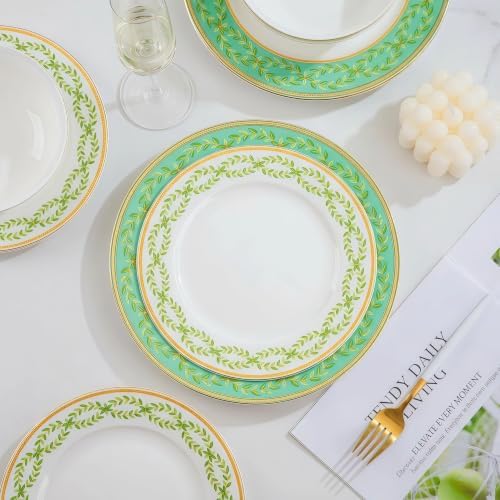 12 Piece Sage Green Plates and Bowls Set for 4, Bone China, Farmhouse - Image 5
