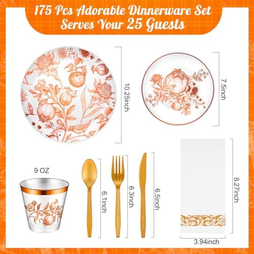 175 Pcs Rosh Hashanah Fall Plastic Dinnerware Set, Pomegranates, Brown - Image 2