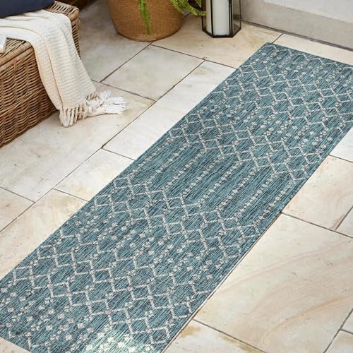 JONATHAN Y Moroccan Geometric Indoor Outdoor Runner Rug 2X8 Teal/Gray, Ourika Textured Weave for Backyard, Patio, Porch, Easy-Cleaning, High Traffic, Pet-Friendly, Non-Shedding (SMB108C-28) - Image 3