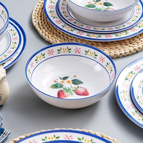 12-Piece Melamine Dinnerware Set – Strawberry Plates & Bowls for 4 - Image 4