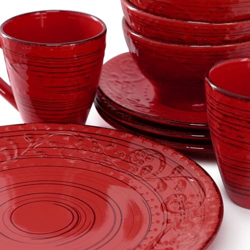 Elama Malibu Ocean Bloom 16-Piece Stoneware Embossed Pattern Reactive Glaze Red Dinnerware Set, Tableware, Serveware Set (Ocean Bloom Red) - Image 6