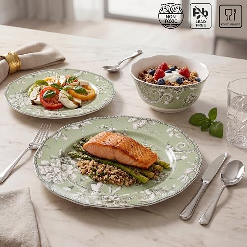 222 Fifth Adelaide Sage 12-Piece Green Porcelain Dinnerware Set – Service for 4, Big Dinner Plates and Bowls Sets, Green with White Floral Pattern, for Daily Entertainment, Microwave & Dishwasher Safe - Image 6