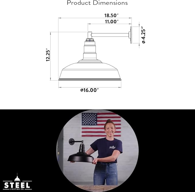 Steel Lighting Co. Gardena Barn Light | Outdoor Wall Mounted | 16" Dome | 11" Straight Arm | Farmhouse Light Made in America | Matte Black Exterior/Matte Black Interior