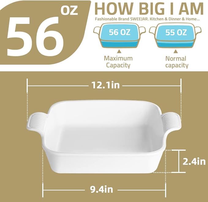 Sweejar Ceramic Baking Dish, 9 x 9 Cake Baking Pan for Brownie, Porcelain Square Bakeware with Double Handle for Casserole, Lasagna, Family Dinner (Red)