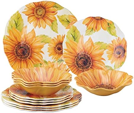 UPware 12 Piece Sunflower Melamine Dinnerware Sets, Outdoor Dishes Set, Plates and Bowls Sets, Service for 4, Yellow by UPware