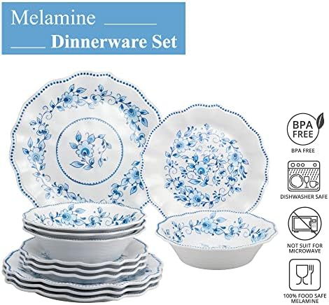 UPware 12 Piece Blue and White Floral Melamine Dinnerware Sets, Outdoor Dishes Set, Plates and Bowls Sets, Service for 4, Blue - Image 4