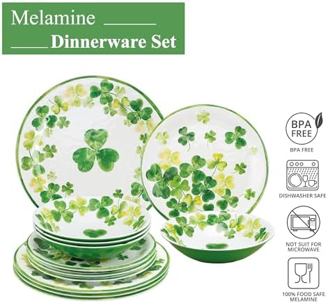 UPware 12 Piece Shamrocks Melamine Dinnerware Sets, Outdoor Dishes Set, Plates and Bowls Sets, St. Patrick's Day Decorations, Service for 4, Green - Image 3
