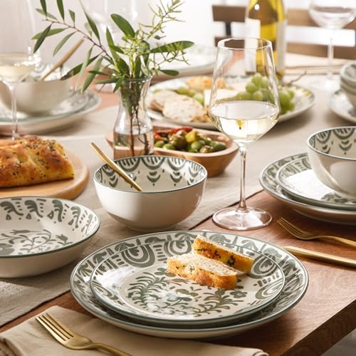 Bloomhouse - 2-Time Oprah’s Favorite Things - Valencia Flor 16 Piece Dinnerware Set, Artisanal Decorated Stoneware Plates & Bowls, Service for 4, Microwave & Dishwasher Safe, Fern Green - Image 2