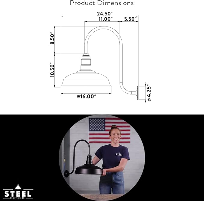 Steel Lighting Co. Gardena Barn Light | Outdoor Wall Mounted | 16" Dome | Upslope Gooseneck | Farmhouse Light Made in America | Matte Black Exterior/Brass Interior