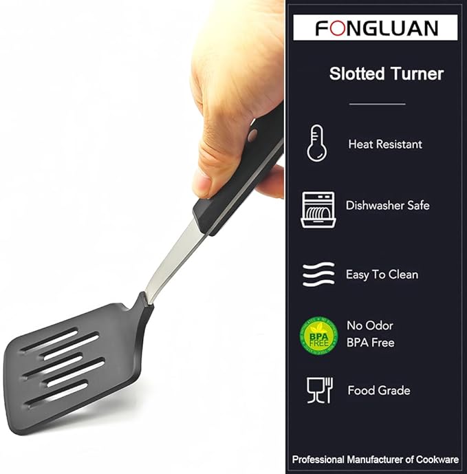 Stainless Steel Cooking Slotted Turner With Heat-resistant BPA-free nylon head Safe for Non-Stick Cookware POM Handles Heavy Duty Kitchen Spatulas For Serving