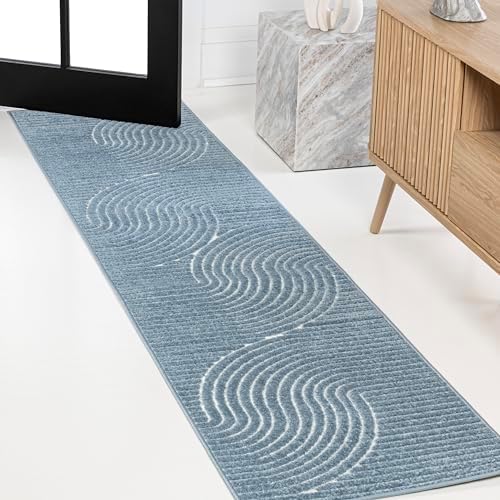 JONATHAN Y Hallie High-Low Curve Dark Blue/Cream 2x8 Indoor/Outdoor Runner Rug, Minimalist Geometric, Pet Friendly, for Patio, Backyard, Living Room, Bedroom, Office, Hose-Washable (SCN100C-28) by JONATHANY