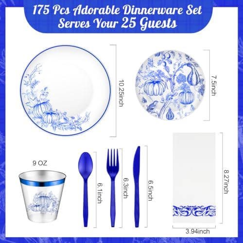 175 Pcs Rosh Hashanah Fall Plastic Dinnerware Set, Pumpkin, Blue - Image 2