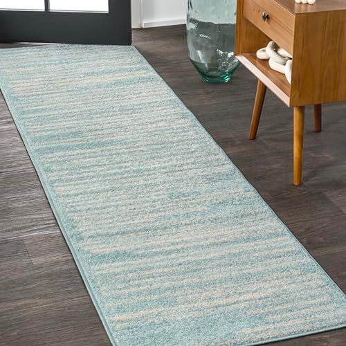 JONATHAN Y Khalil Modern Berber Stripe Turquoise/Cream Runner Rug, 2x8, Contemporary, Bohemian, Easy-Cleaning for Living Room, Bedroom, Kitchen, Pet Friendly, Non-Shedding (MOH207D-28) by JONATHANY