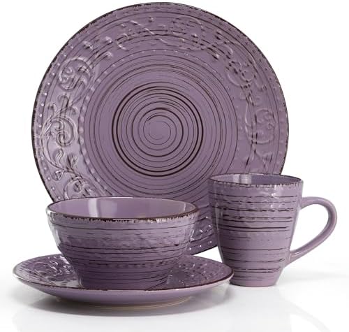 Elama Malibu Mica 16-Piece Stoneware Embossed Pattern Reactive Glaze Purple Dinnerware Set, Tableware, Serveware Set (Mica Purple) - Image 2