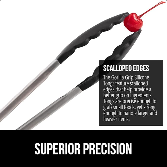 GORILLA GRIP Stainless Steel Heat Resistant Kitchen Tongs for Cooking, 9 + 12 Inch, Set of 2 BBQ Tong, Non Scratch Silicone Tip for Pan, Strong Grip, Grab Food, Toss Salad, Air Fryer, Pull Lock, Black