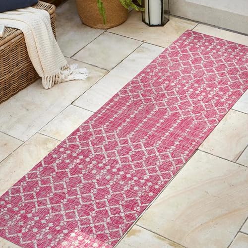 JONATHAN Y Moroccan Geometric Indoor Outdoor Runner Rug 2X8 Fuchsia/Light Gray, Ourika Textured Weave for Backyard, Patio, Porch, Easy-Cleaning, Pet-Friendly, Non-Shedding (SMB108Q-28) - Image 3