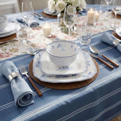 222 Fifth 12-Piece Porcelain Dinnerware Set for 4, Glossy White Plates and Bowls Set with Blue Decal, Elegant Square Ceramic Dish Set, Kitchen Tableware, Microwave & Dishwasher Safe, Scenic Toile - Image 3