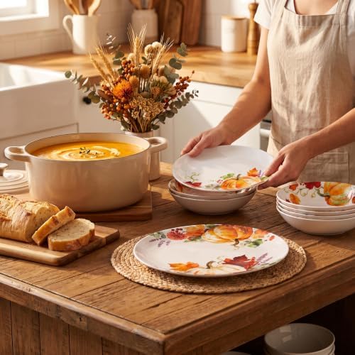 Melamine Dinnerware Set for 4, 12-Piece Pumpkin Plates and Bowls, BPA-Free - Image 5