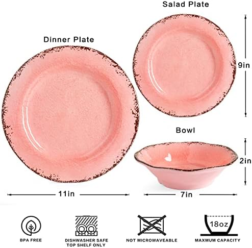 LEHAHA Pink Vintage Melamine Dinnerware Sets, Farmhouse RV Dishes Set for 4 - Image 6